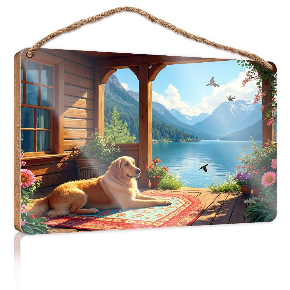 Home Hanging Sign A Golden Retriever Lounges On A Colorful Rug By A Lakeside Cabin Small Wooden Signs With Sayings Funky Home Decor(23X35CM)