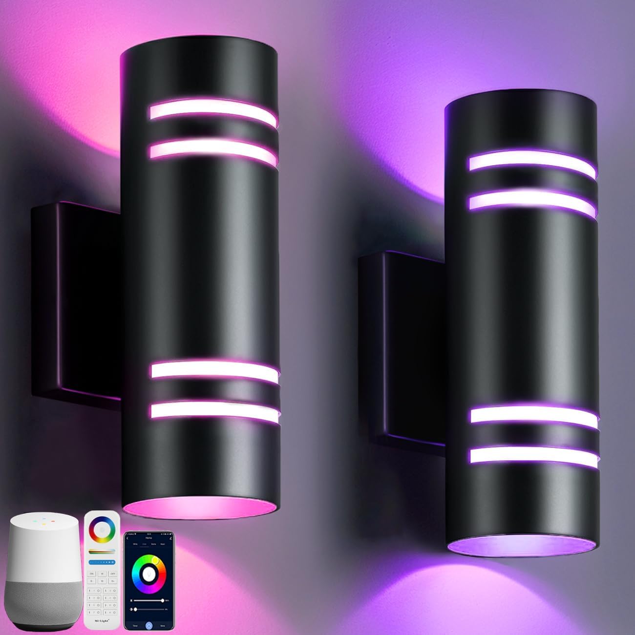 wowlite Outside Wall Lights for Home, Distant Management Good RGBCW Up and Down Lights Outside Sconce RGB Colour Altering, Black Cylinder Aluminum Exterior Lighting Fixtures for Porch Storage, ETL Listed