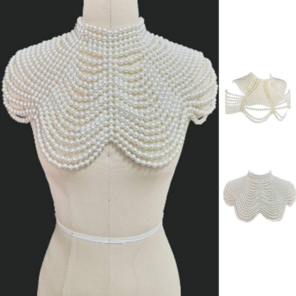 Women Imitation Pearl Beaded Bib Choker Necklace Body Chain Shawl Collar Jewelry