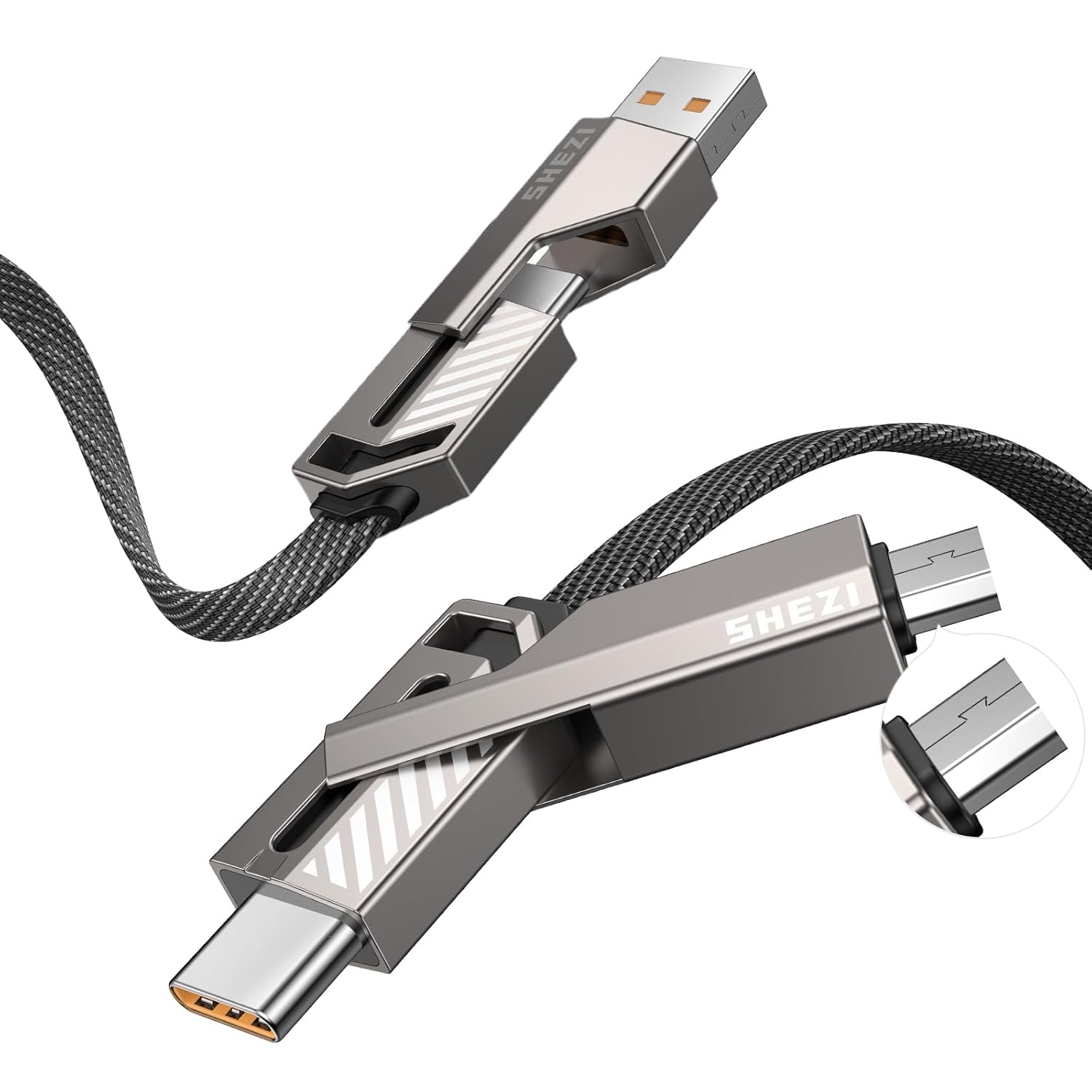 SHEZI 4-in-1 USB C Cable Micro USB Cable 60W [Fast Charging & Data Sync] Flat Braided Anti-Tangle Multi iPad Android Phone Charger Cord Combo Micro/Type C/USB A Ports, 3ft 3 ft Micro+2*USB C+USB A