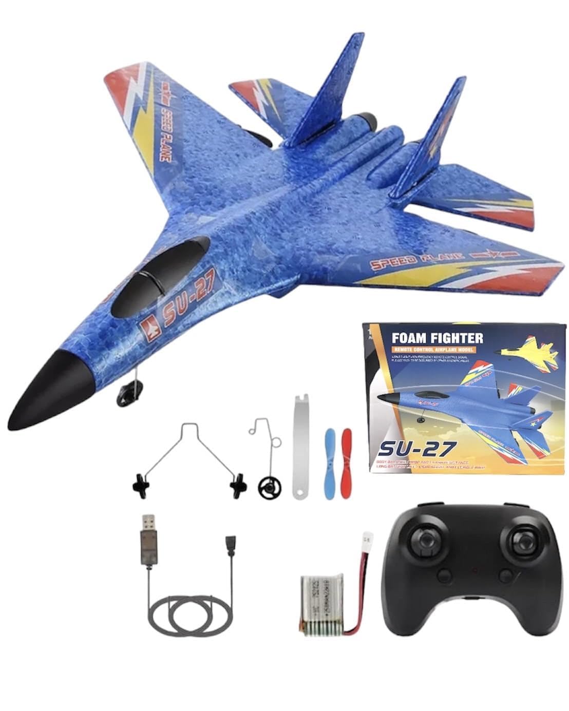 Rc Plane Model Su-27 2.4Ghz 6-Axis Gyro Remote Control Airplane Rc Airplane For Beginners Family Toys For Outdoor Activities (Blue)