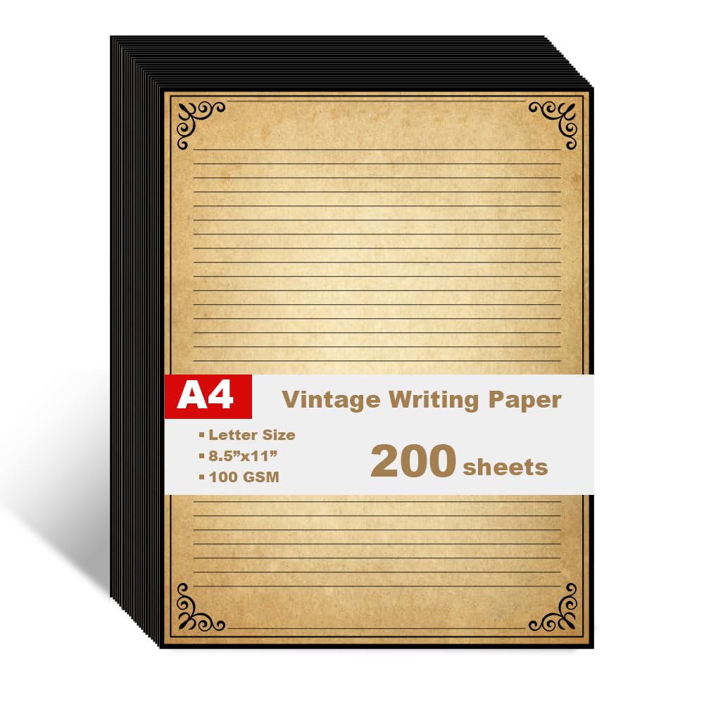 Papel rayado vintage con diseño de borde antiguo, 200 hojas, papel estacionario para escribir cartas, 100 g/m², 11 x 8.5 pulgadas, papelería envejecida para escribir cartas, invitaciones, papeles de