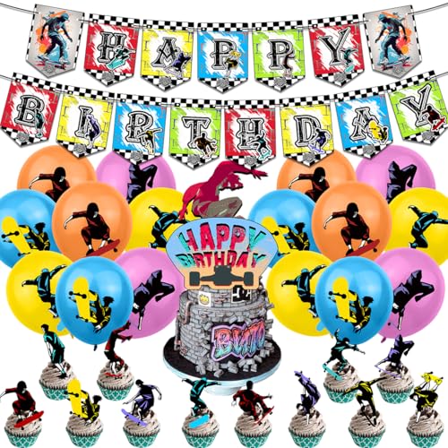 Décoration d'anniversaire Skateboard,Doyomtoy 30 Pièces Ballons de fête Skateboard Cake Toppe pour Fête à Thème Skateboard pour Enfants Anniversaire Déco
