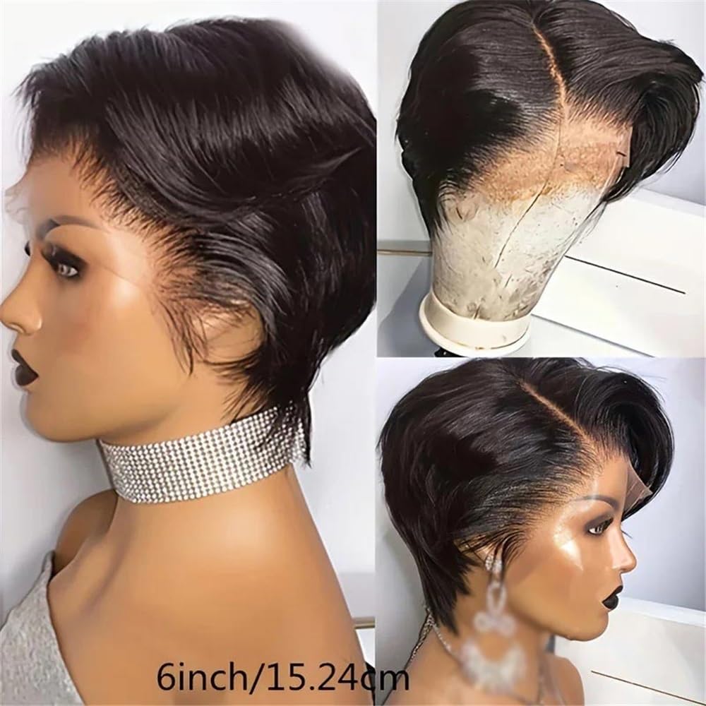 Parrucca Parrucche Corte Pixie Cut Capelli Umani 13x4x1 Parte Laterale Bob Parrucche Frontali in Pizzo for Donne Capelli Lisci Remy Parte a T Parrucca Donna(8inches)
