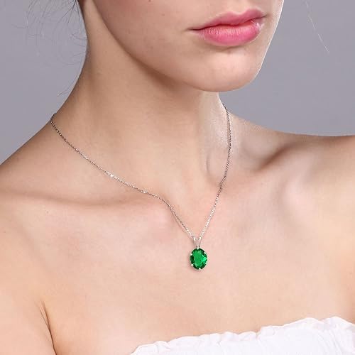 Miniatura 2 de Gem Stone King Collar con colgante de esmeralda simulada de plata de ley 925 para mujer (1.50 quilates, ovalado 0.354 x 0.276 in, con cadena de