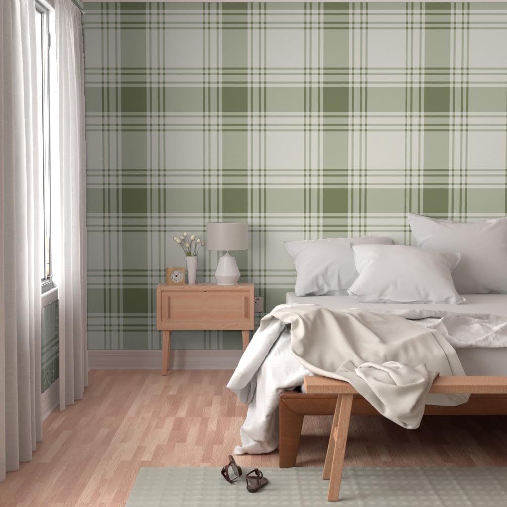 Peel & Stick Wallpaper 6ft x 2ft - sage Green Plaid,Large Scale,Simple Check,Heritage Classic,Farmhouse Tartan Custom Removable Wallpaper by Spoonflower