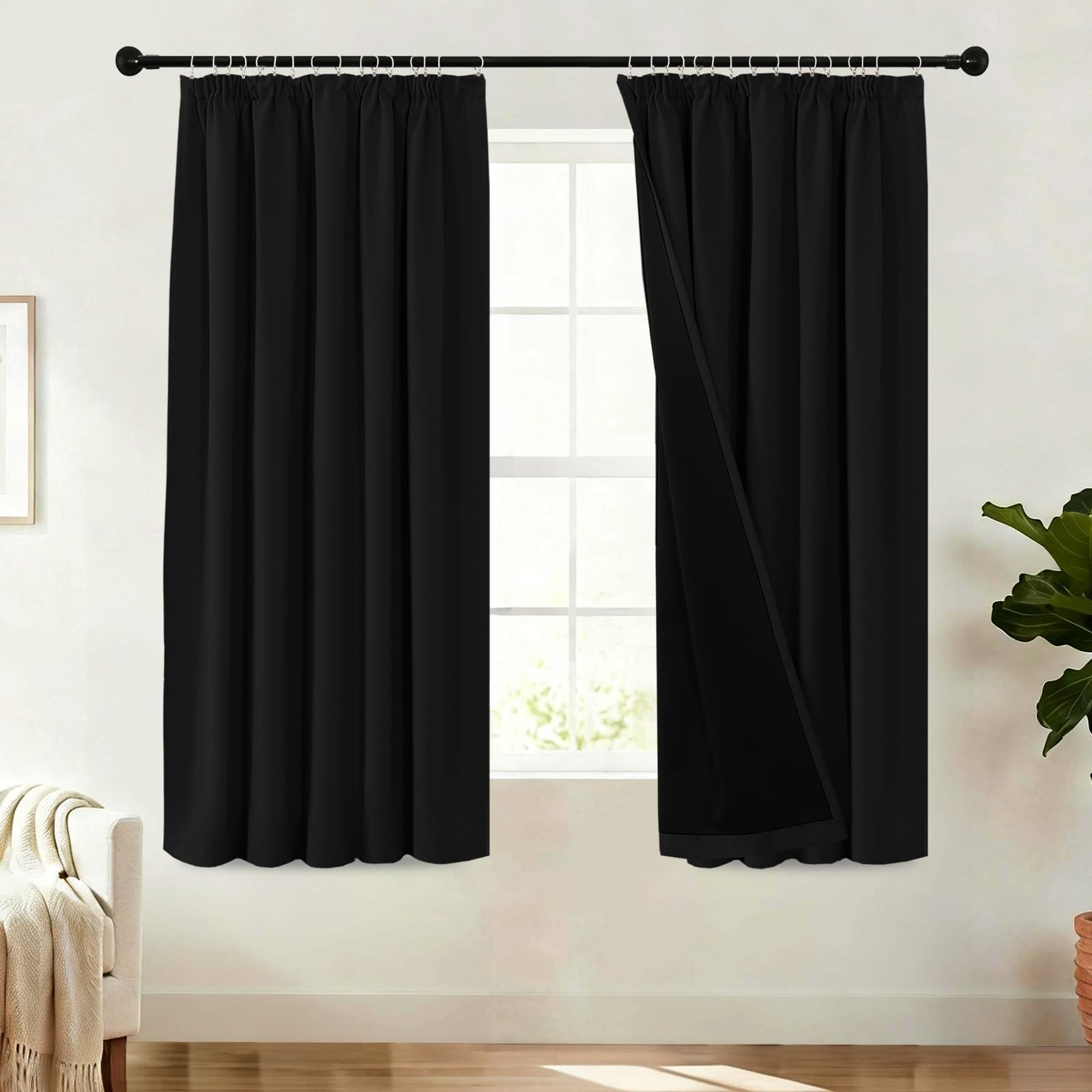 Bellahills Black 100% Out Curtains For Bedroom Thermal Insulated Curtains & Drapes For Living Room Short Window Curtain Pencil Pleat Back Tab Rod Pocket 2 Panels, W66 X L54,