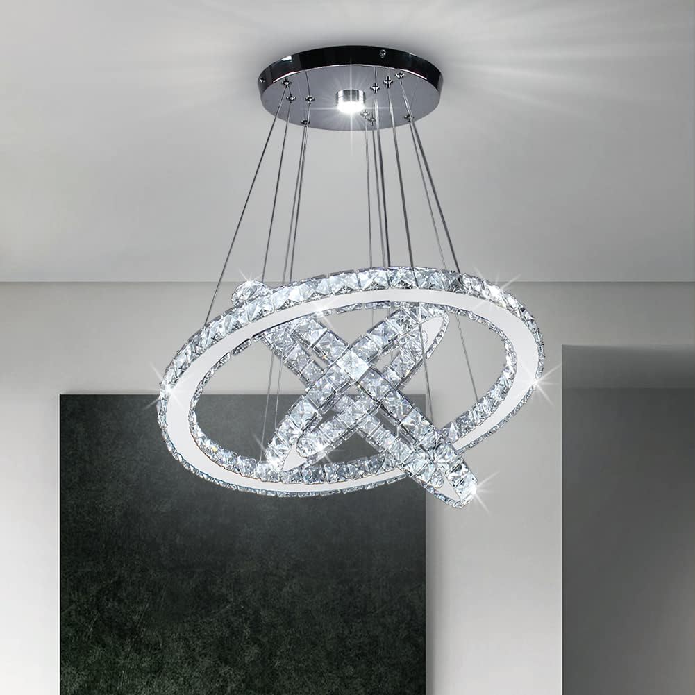 3-Ring Crystal Chandelier Adjustable LED Pendant Cool White