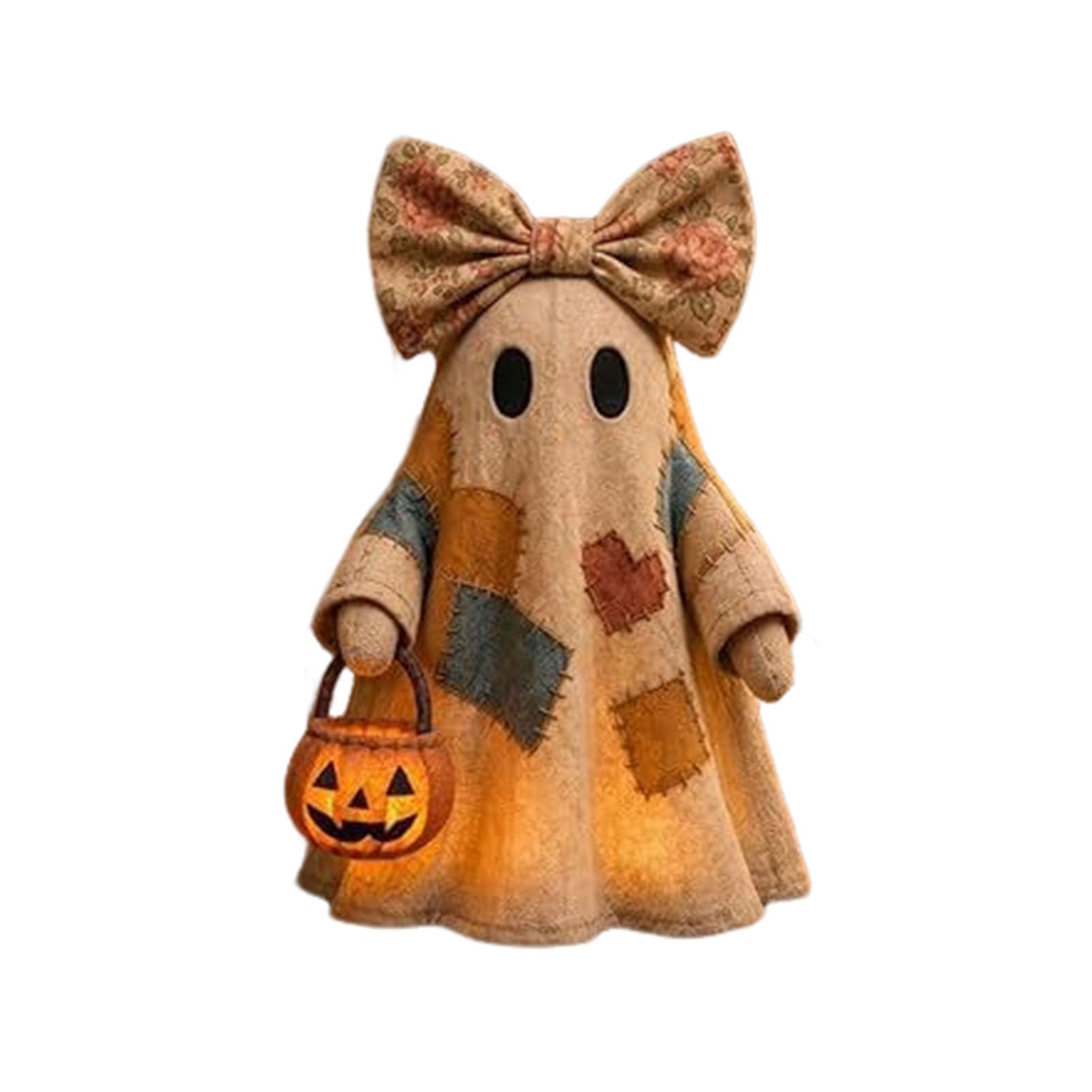 Pasisuu Halloween Ghost Ornament – Glowing Patchwork Decor with Lantern, Lighted Farmhouse Figurine for Mantel Shelf Display With Light