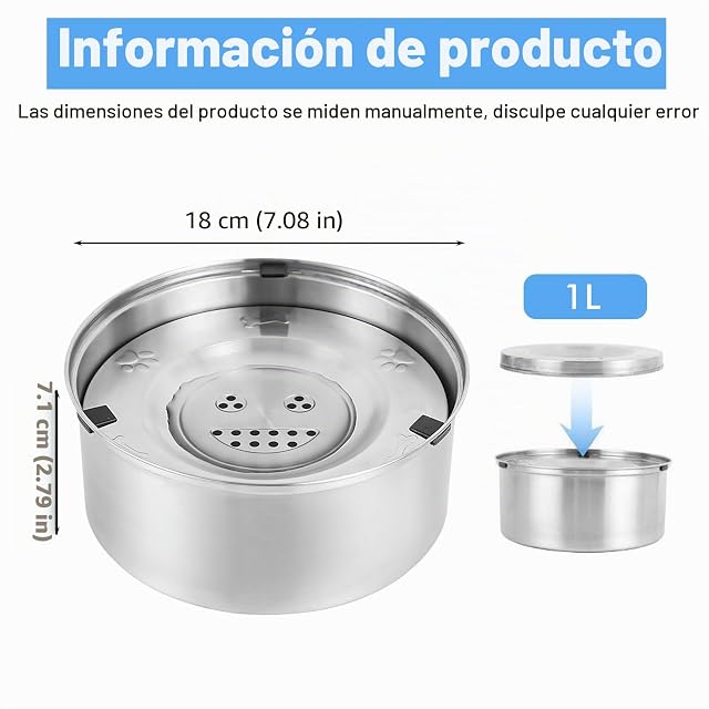 Foto 2 de 7 de Cuenco de agua para perro de 1 L, sin babeo, acero inoxidable, antigoteo, con base antideslizante