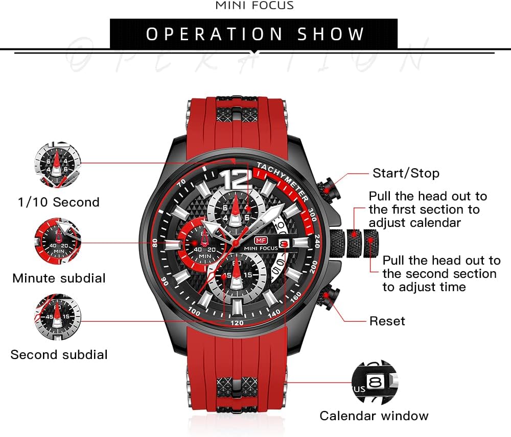 MF MINI FOCUS Men Watch Casual Fashion Wrist Watches (Chronograph/Waterproof/Luminous/Calendar) Silicon Band Quartz Watches for Men (Black2) - Image 5