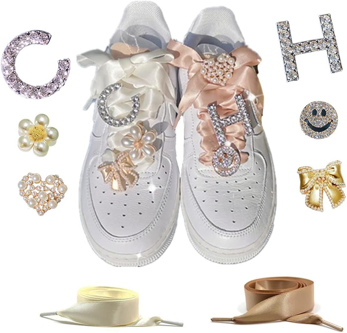 6 + 2 pieces of shoelace clip charms, 2 pieces of satin lace shoelaces