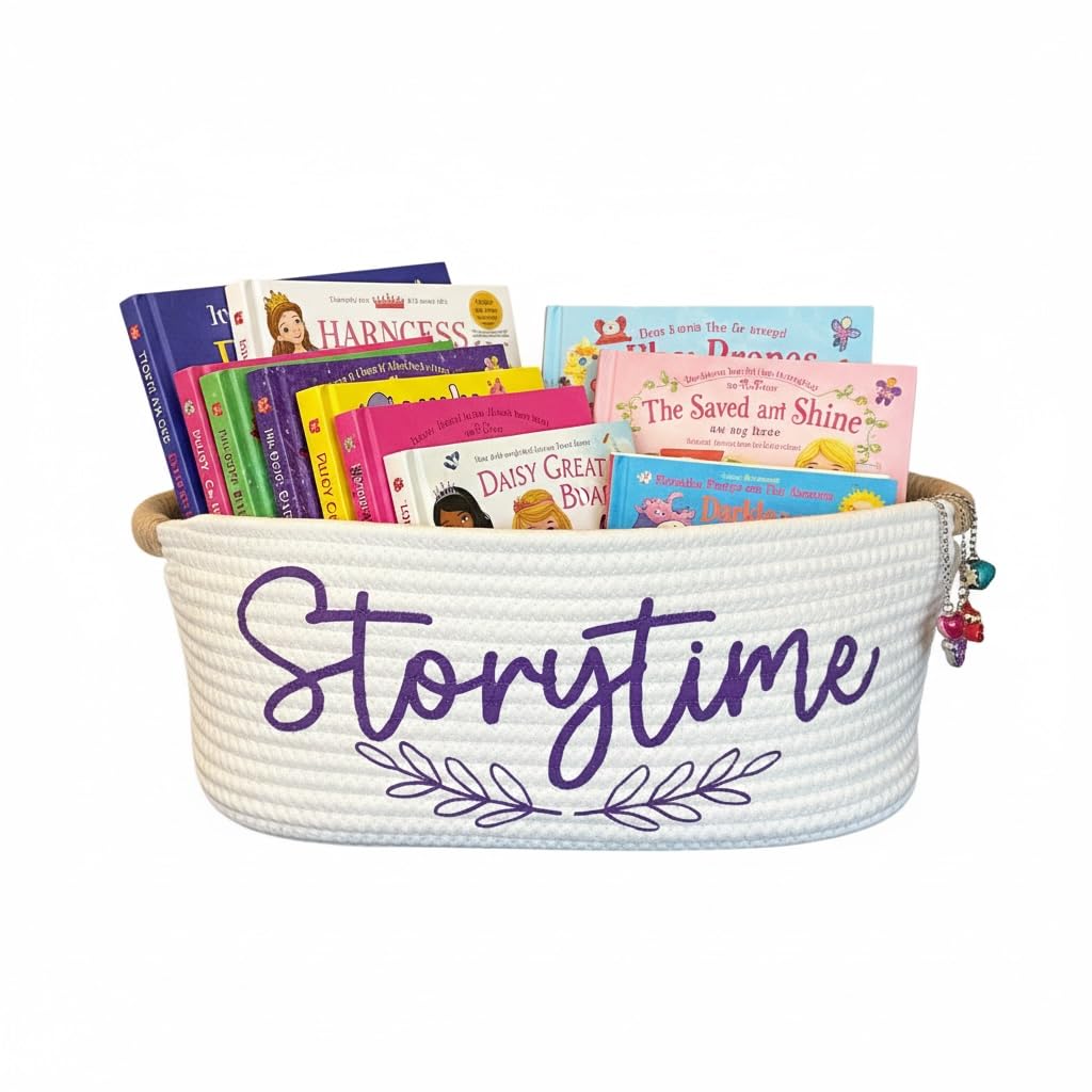 Storytime Reading Book Basket, High Quality Cotton Rope Storage Basket, Coquette Bow, Pink, Cream or Blue Basket - Best Baby Shower Gift Ever, Baby Shower Book Basket for a Girl, Birthday Gift