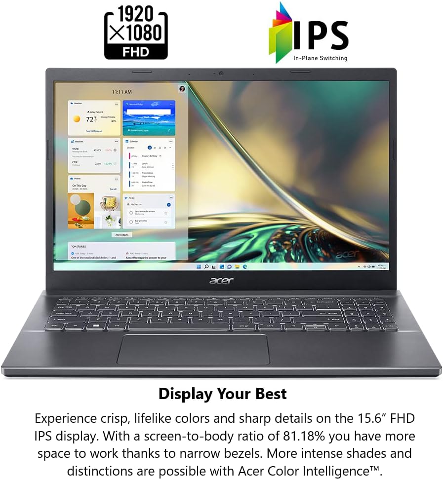 Acer Aspire 5 A515-47-R3Y6 Laptop screen highlighting 1920x1080 FHD and IPS technology