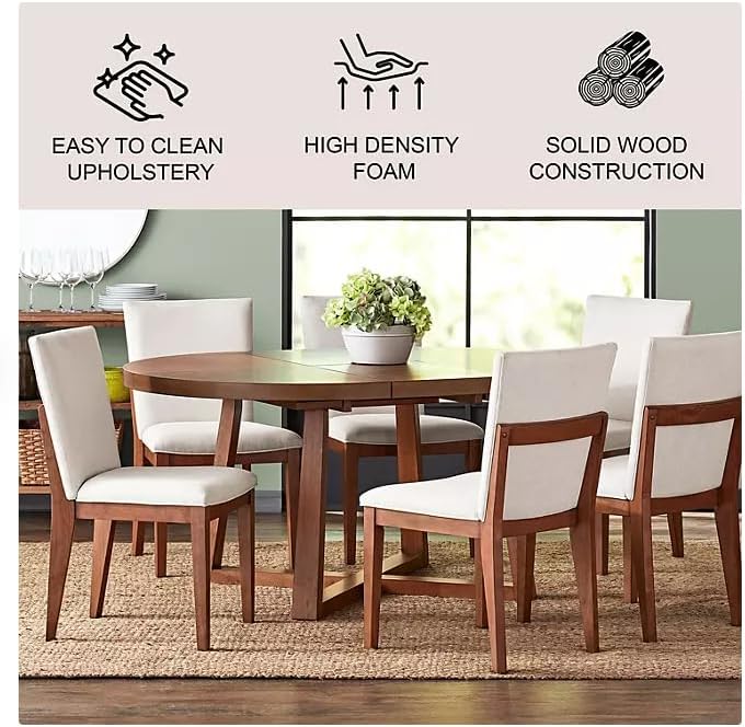 Features of the dining set including easy to clean upholstery, high density foam, and solid wood construction