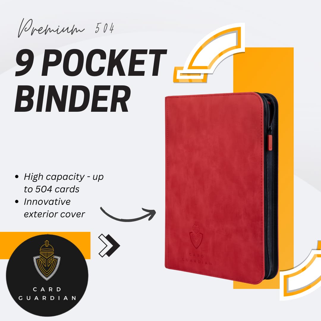 Card Guardian - 9 Pocket Premium Binder with Zipper for 504 Cards - Side Loading Pockets for Trading Card Games TCG (Red) - Image 2