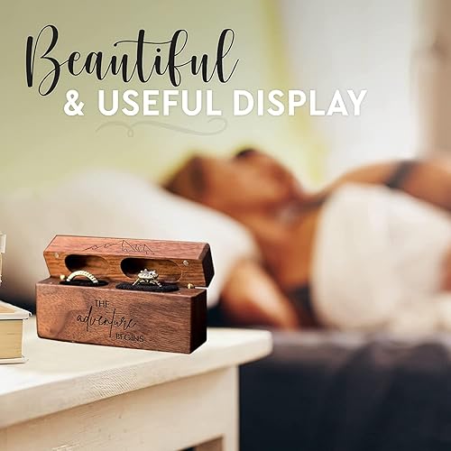 Miniatura 4 de Caja de madera para anillos de boda, caja de compromiso de madera, accesorios de boda, cajas de anillos para dos anillos, recuerdo rústico grabado,