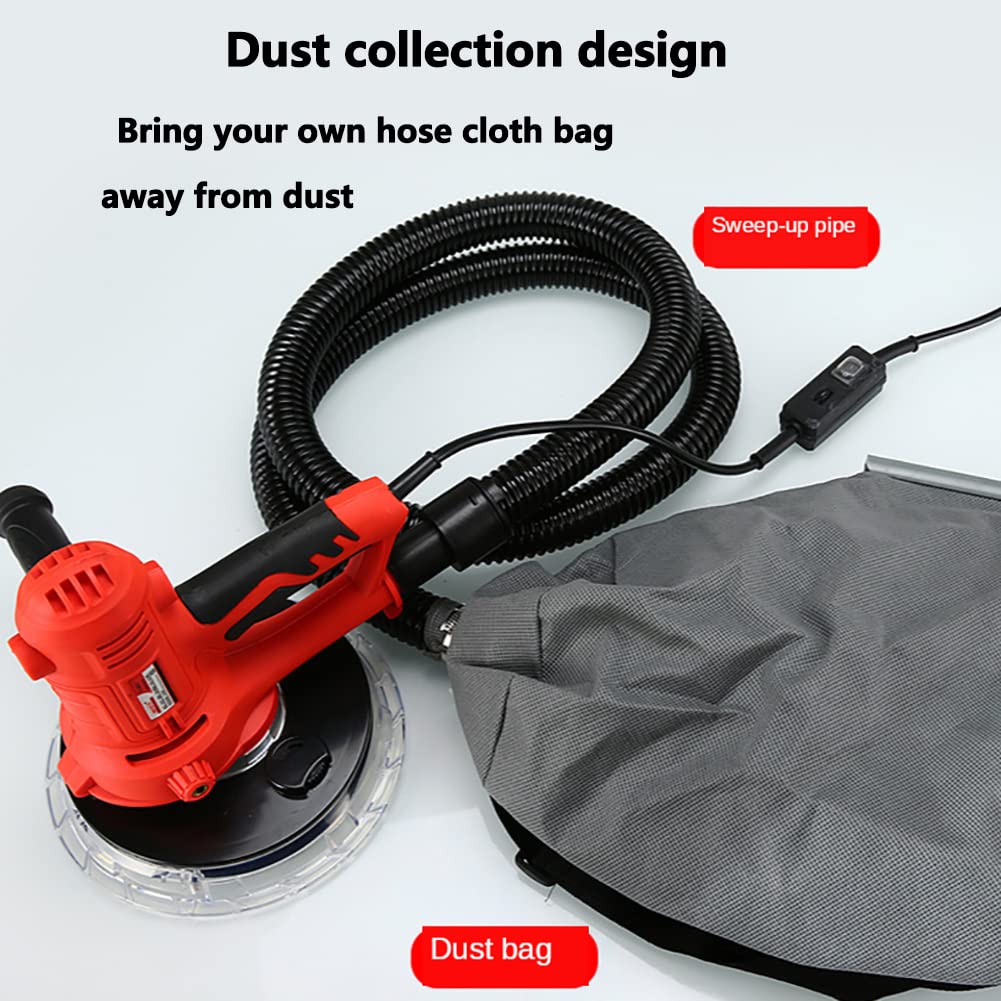 Levigatrice per cartongesso da 1250 W con 2 strisce LED, velocità variabile - Levigatrice manuale per cartongesso con sacchetto sottovuoto e tubo di raccolta della polvere