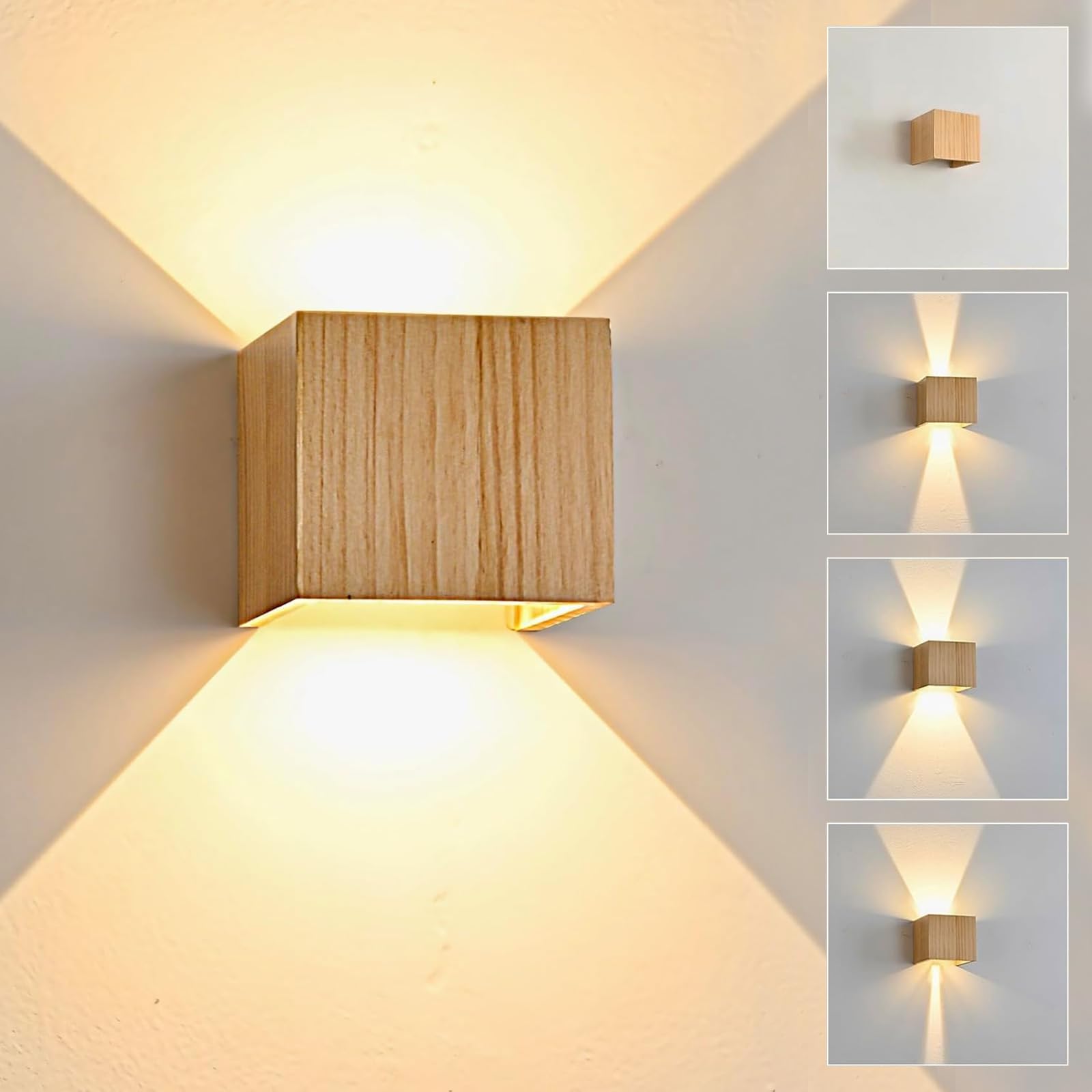 LED Holz Innen Wandleuchte - 8W Warm 3000K Holz Wandlampe, Vintage Boho Holzkorn Wandleuchte, Einstellbar Abstrahlwinkel Holzlampe, Weiß Up Down Flurlampe für Wohnzimmer Flur Schlafzimmer Terrasse