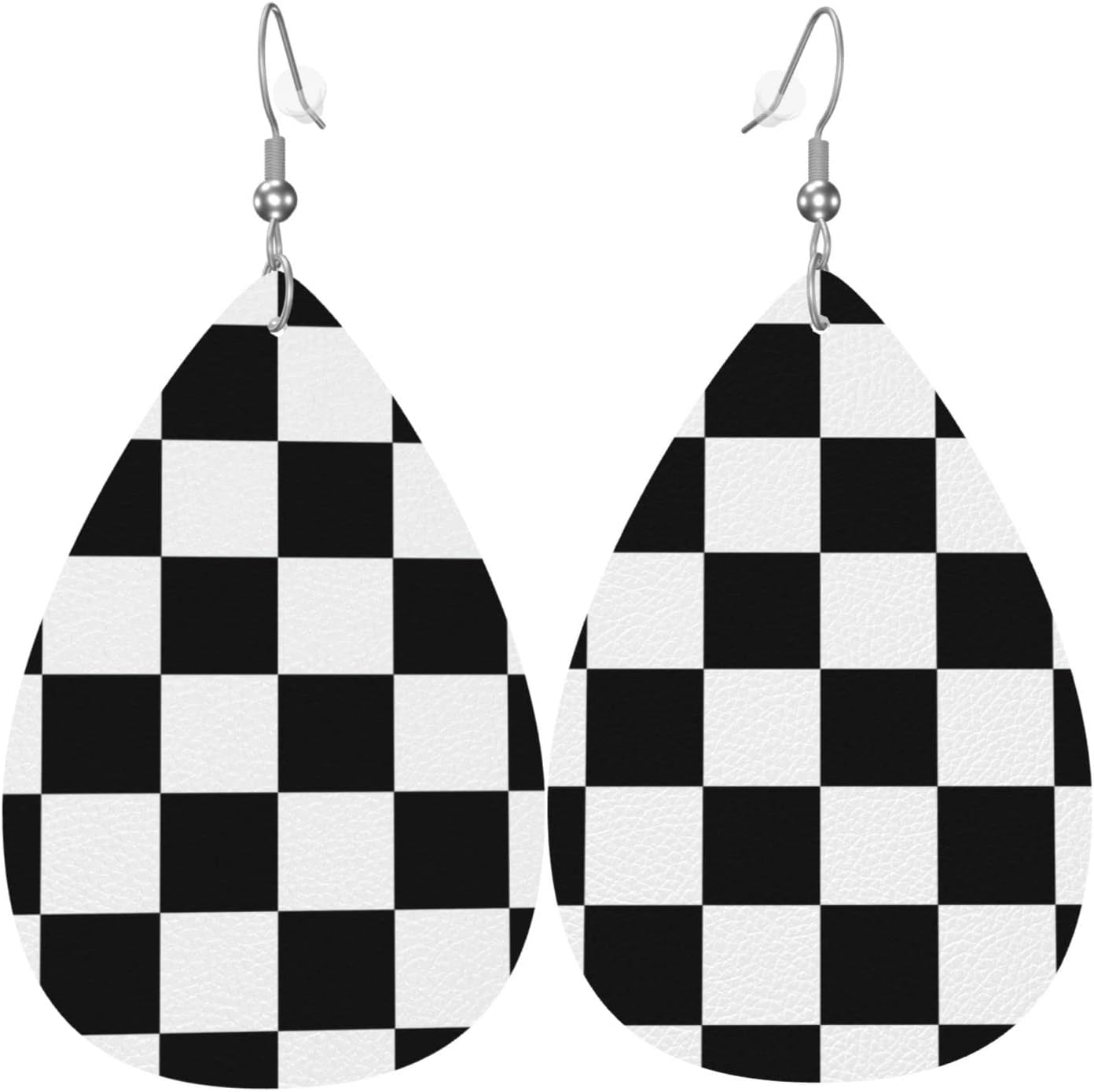 Checkerboard Chess Board Flag Faux Leather Teardrop Earrings for Women Drop Dangle Earrings