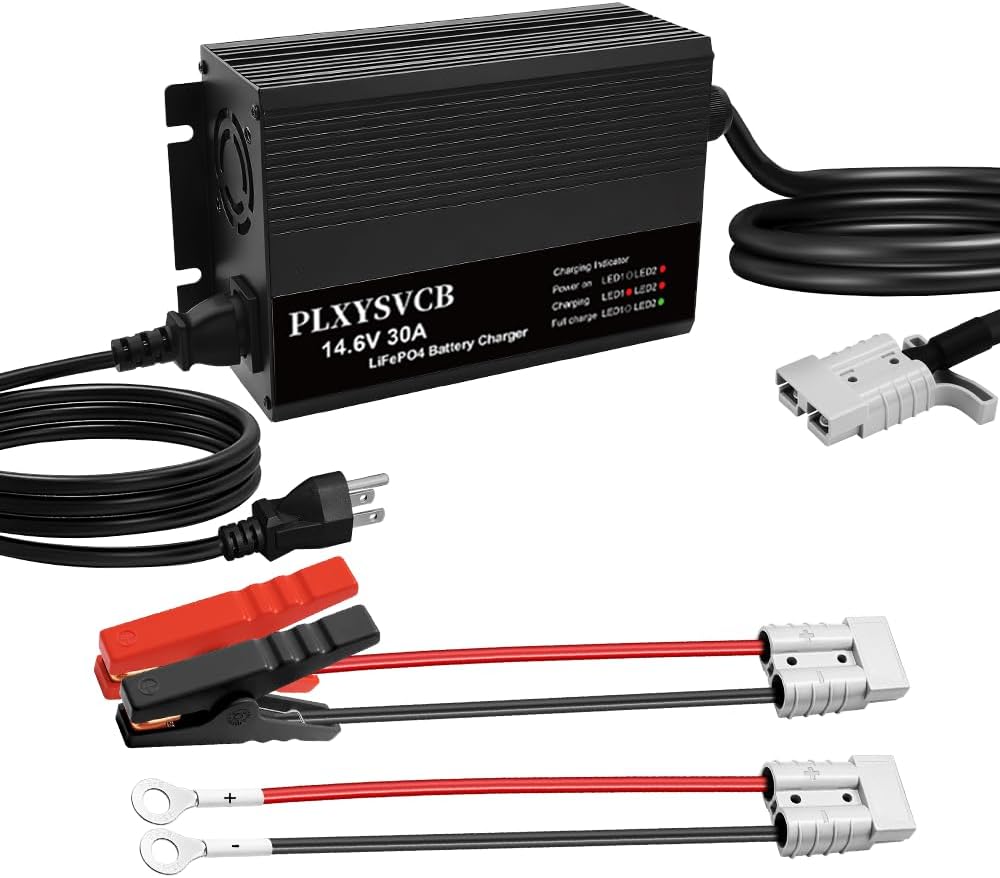 14.6V 30A LiFePO4 Battery Charger, 14.6V Lithium Battery Charger, Bulit-in Cooling Fan, Support Fast Charging, Suitable for 12 Volt Automotive Trailer RV SUV Motorbike Boats and More