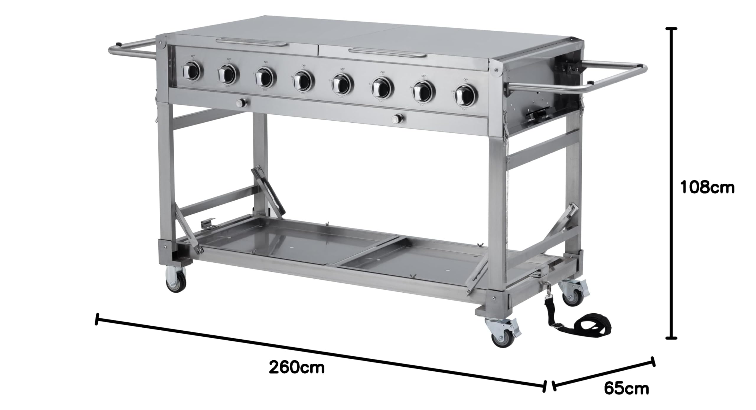 METRO Professional Barbecue à Gaz, Acier Inoxydable, 8 Brûleurs, 32 kW, Puissance 116 000 BTU, 4 Grilles de Cuisson, Roulant, Tables Pliables, Argent