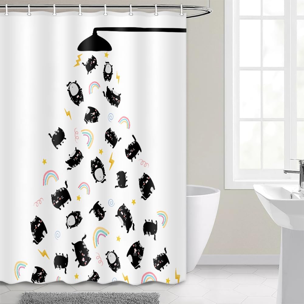 Cat Shower Curtain Funny Shower Head Modern Cute Cartoon Cool Black Cat Rainbow Hilarious Bathroom Shower Curtains Waterproof Polyester Fabric Bathroom Hooks 71X84 Inch