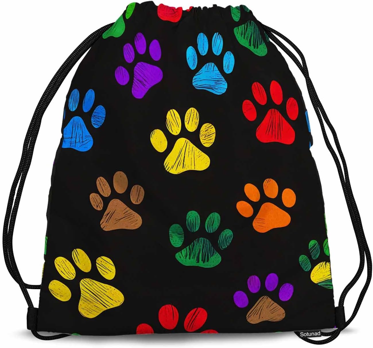 Colorful Paw Prints Drawstring Backpack Cat Dog Animal Foot Prints Black Background for Swim Bag for Beach Swim Swimming Pool Drawstring Bags