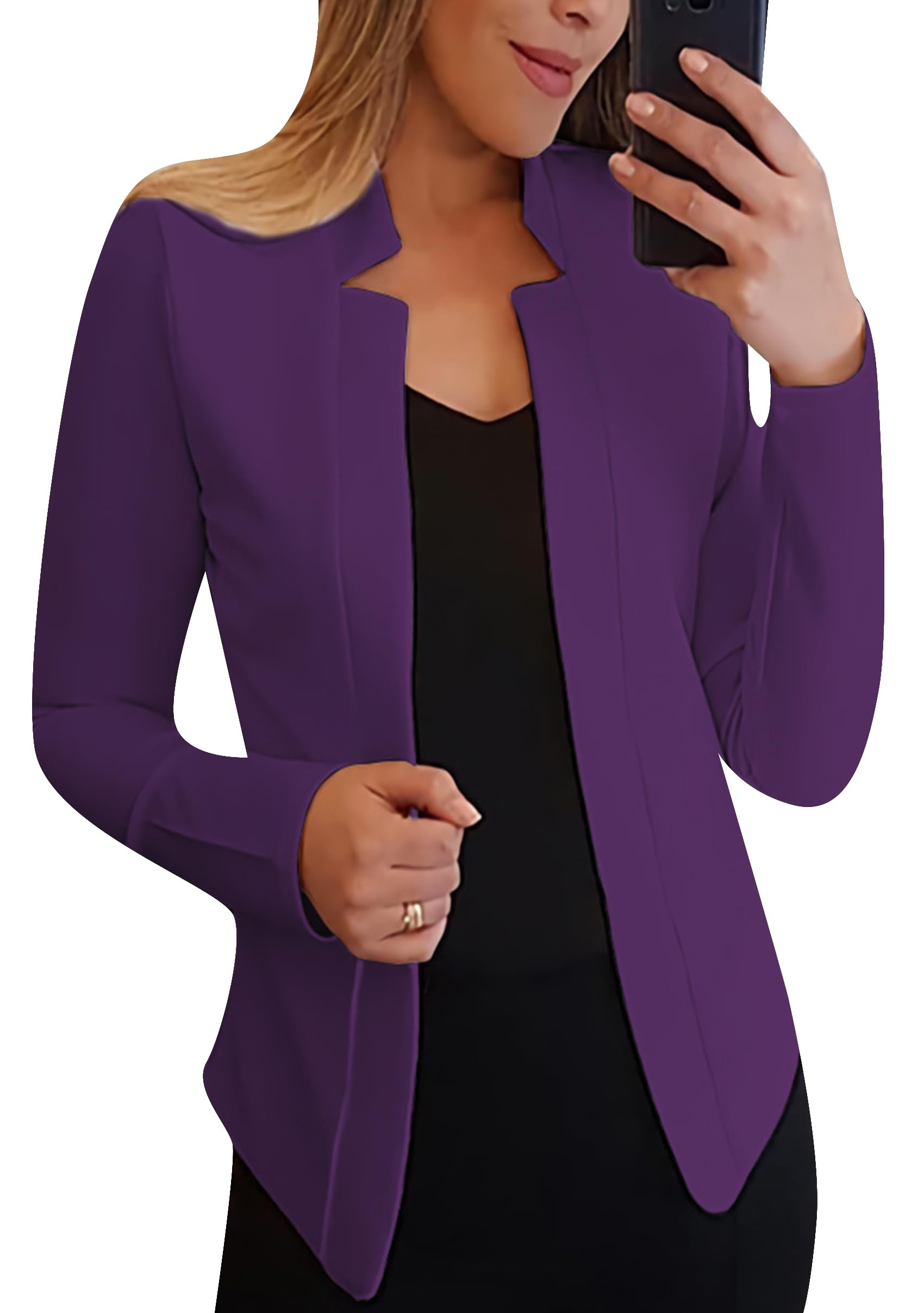 YMING Womens Open Front Work Blazer Business Long Sleeve Jackets Solid Color Office Short Cardigans