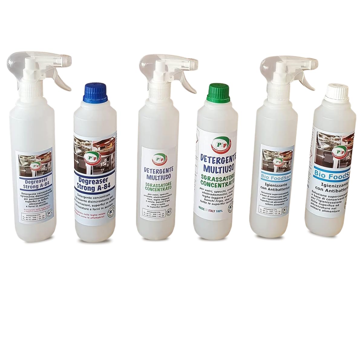 PIP Set Detergente Concentrato Tris HACCP - Sgrassatore Degreaser Strong A-84 + Igienizzante Foodsan Alimenti + Detergente Universale Multiuso, Pulizia, Sanificazione, Disincrostazione