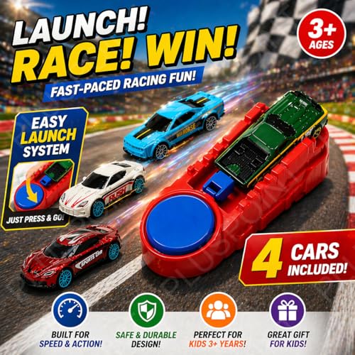 Image of PLUSPOINT Diecast Toy Cars with Catapult Launcher, 4 Pack Alloy Mini Sports Cars Set, Press & Eject Racing Track Toy, Kids Car Toys for Boys & Girls Ages 3+, Gift Playset