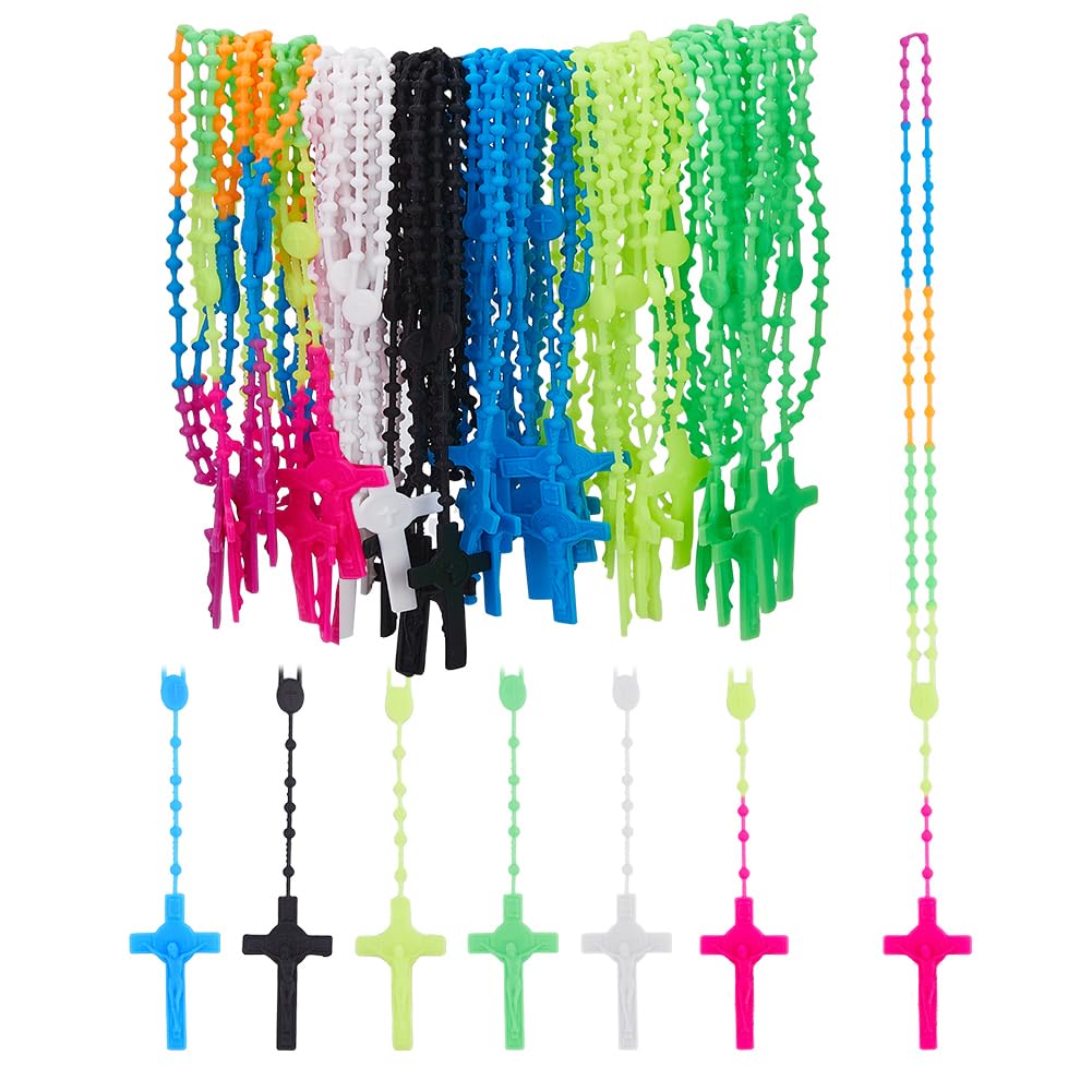 DICOSMETIC 56 unids 7 colores Collares con Cruz Collar de cuentas de Rosario de Plástico a granel Collar con Cruz Luminosa Que Brillan en la Oscuridad Collar Y Joyas de Oración para Mujeres Hombres