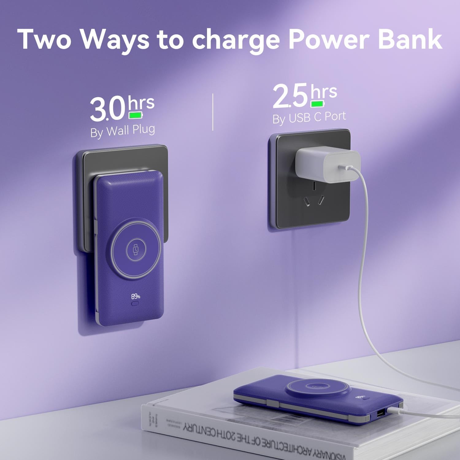 Magnetic 10000mAh Portable Charger for iWatch & iPhone, PD Fast Charging Wireless Power Bank Built-in Cables and Wall Plug, External Travel Battery Pack Compatible with iOS Android Phones