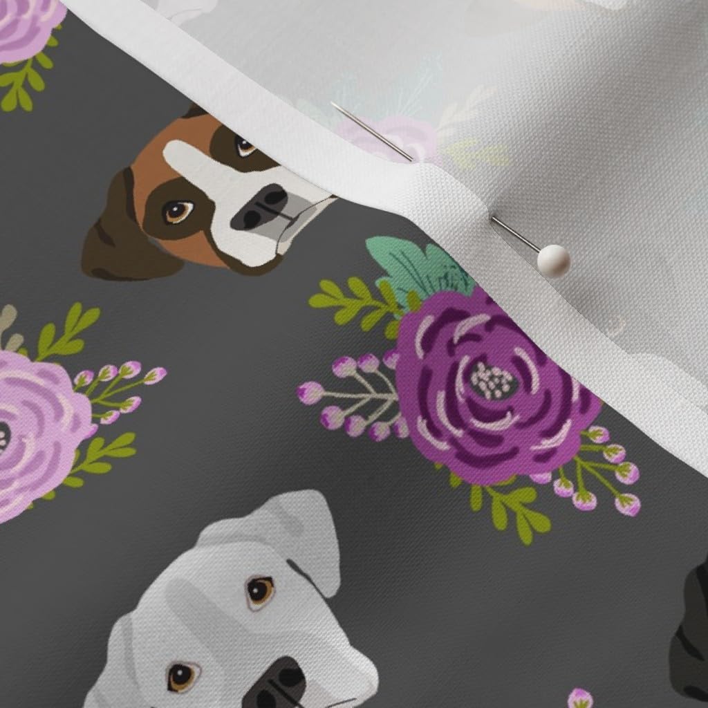 Spoonflower Fabric - Boxer Dog Dogs Heads Charcoal Flowers Head Florals Pet Portrait Printed on Petal Signature Cotton Fabric by The Yard - Sewing Quilting Apparel Crafts Decor