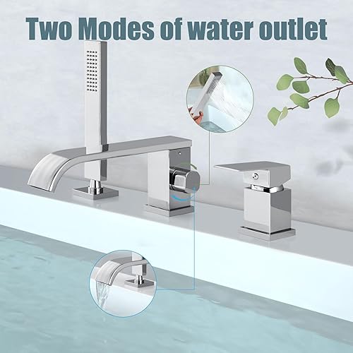 Miniatura 7 de Aolemi Grifo de bañera romano cromado polaco moderno baño bañera relleno larga cascada caño con rociador de mano ducha 3 agujeros sola manija