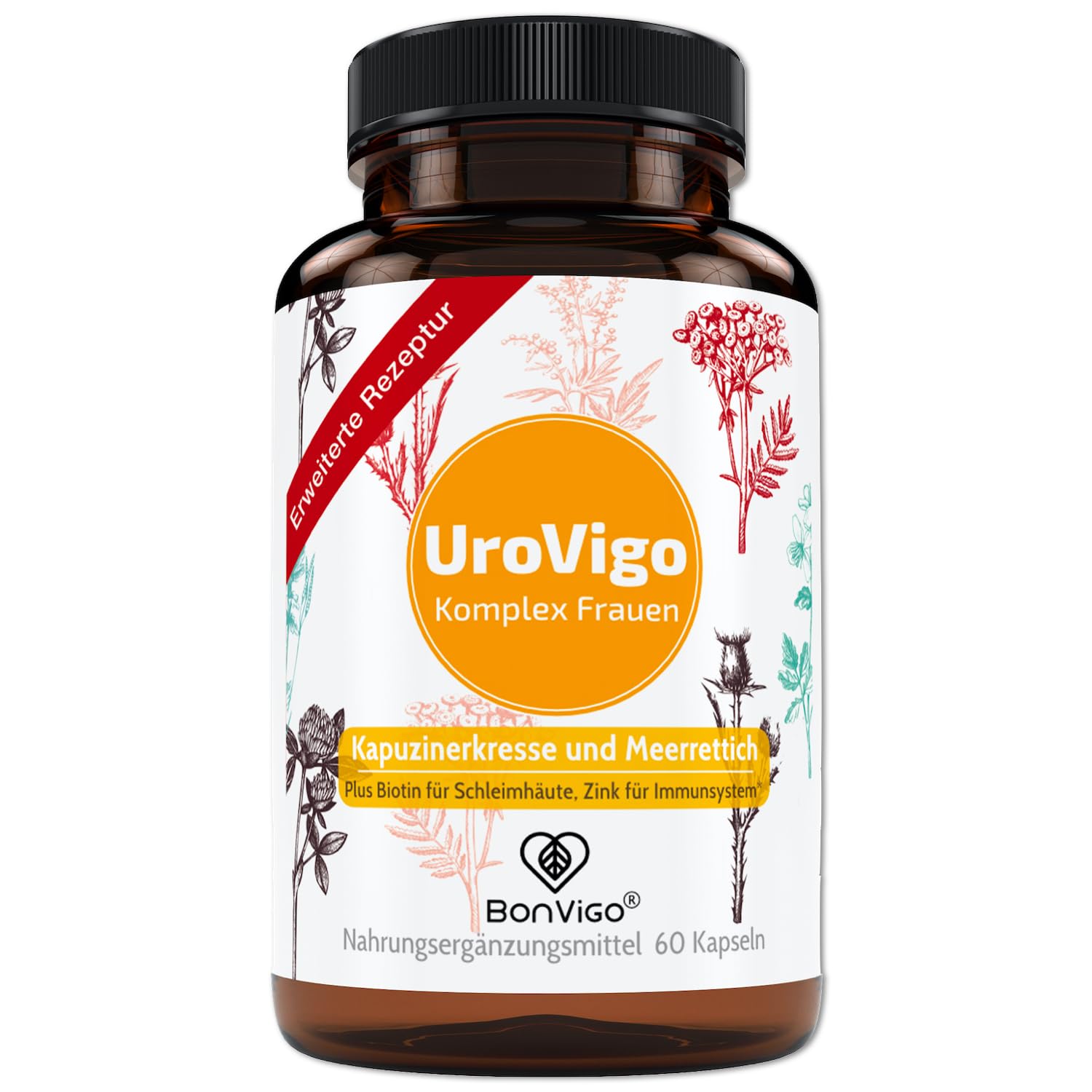 UroVigo FÜR DIE FRAU - Biotin & Vitamin A unterstützen Schleimhäute, Zink das Immunsystem - 8 Pflanzen-Komplex mit Kapuzinerkresse Meerrettich Cranberry Liebstöckel - Mit L-Methionin - 60 Kapseln