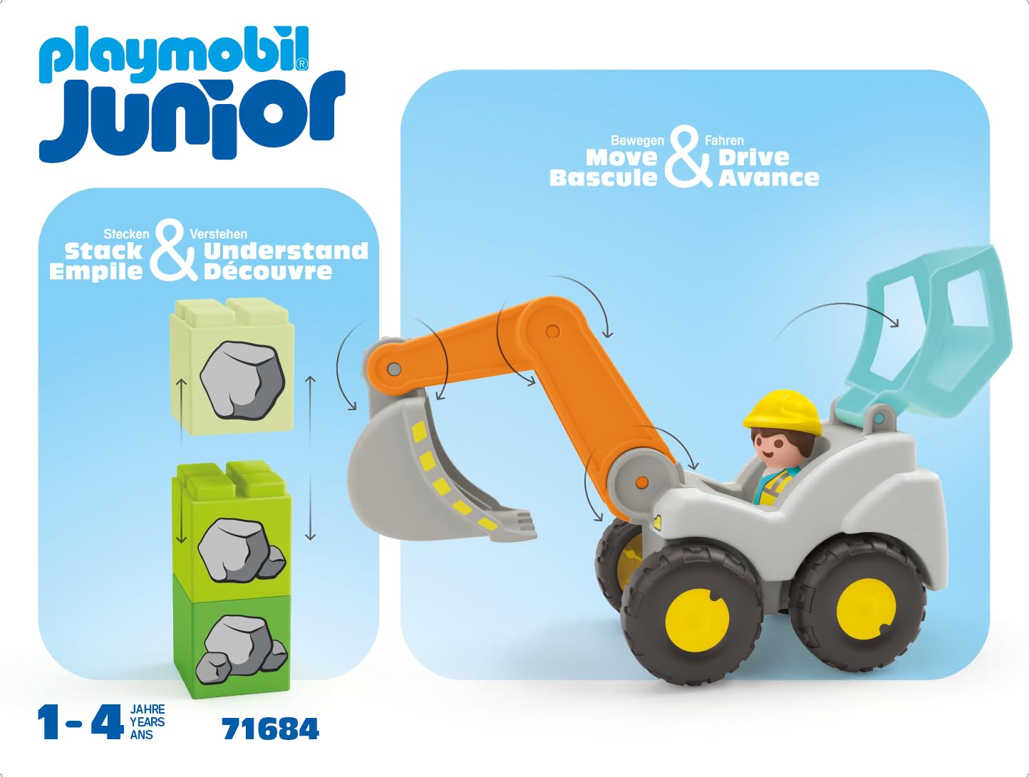 PLAYMOBIL 1.2.3 Shovel Excavator Toy - Construction Set With Figure & Blocks For Toddlers