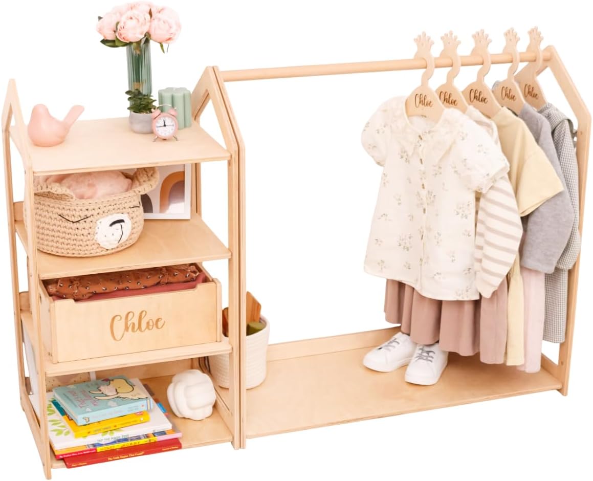 Personalized Montessori Clothes Rack for Kids – Small Dress Up Wardrobe, Hanging Clothes Organizer, Nursery Clothing Storage, Playroom Furniture with Custom Name and Hangers, Shelf Wardrobe Closet