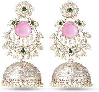 Traditional Jhumka Earrings, Pink Stone with Green Accents, Pearl Danglers, Silver-Tone Brass, Festive Ethnic Wear Price In India
