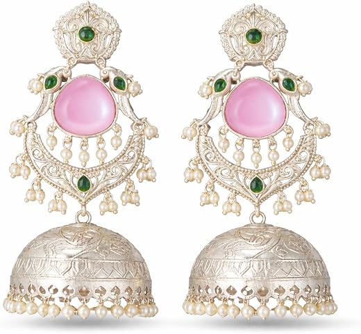 Traditional Jhumka Earrings, Pink Stone with Green Accents, Pearl Danglers, Silver-Tone Brass, Festive Ethnic Wear