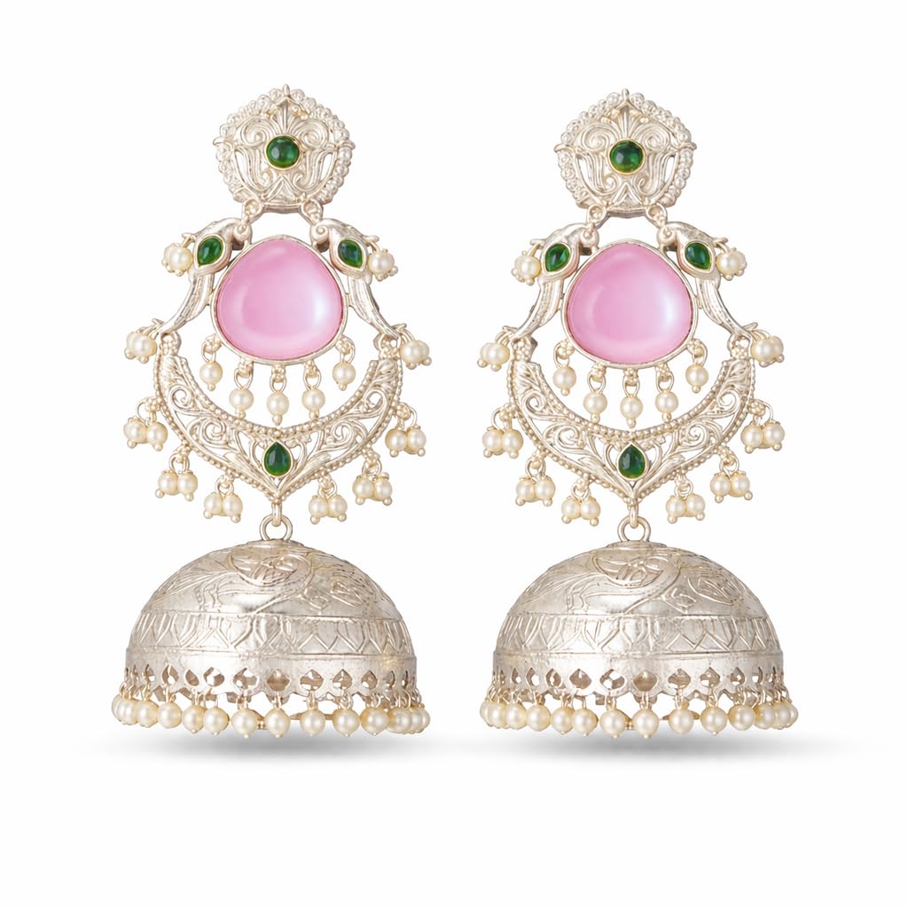 Traditional Jhumka Earrings, Pink Stone with Green Accents, Pearl Danglers, Silver-Tone Brass, Festive Ethnic Wear - Review, Price and Buying Guide