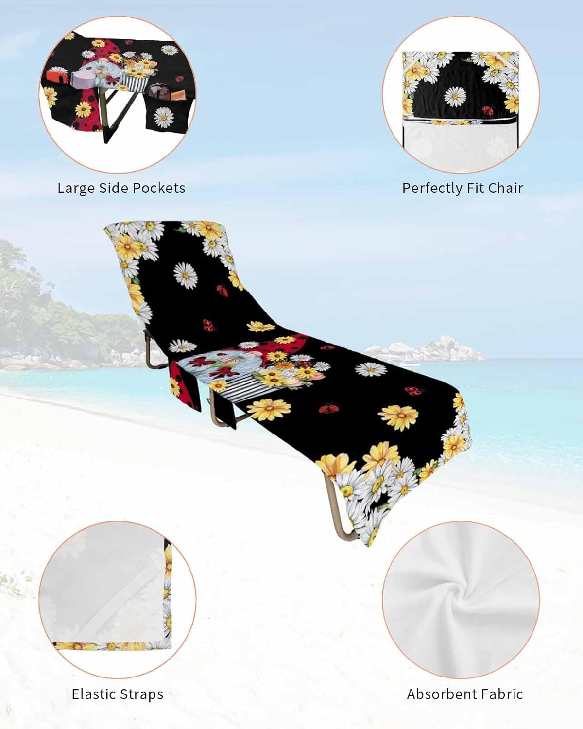 Black Beach Pool Patio Lounge Chaise Chair Cover Towel With Pockets,Absorbent & Quick Dry Microfiber Towel Cover Bag Summer Accessories for Sunbathing Sunflower Gnomes Daisy Spring Flower Watercolor