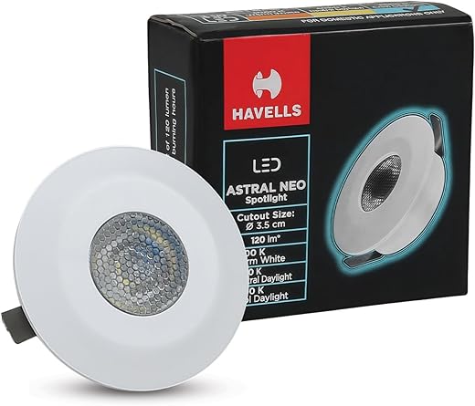 Havells Astral Neo 2W LED Spotlight| Compact Round Design for Small Spaces. Provides A Focused 45° Beam Angle with 3000K W