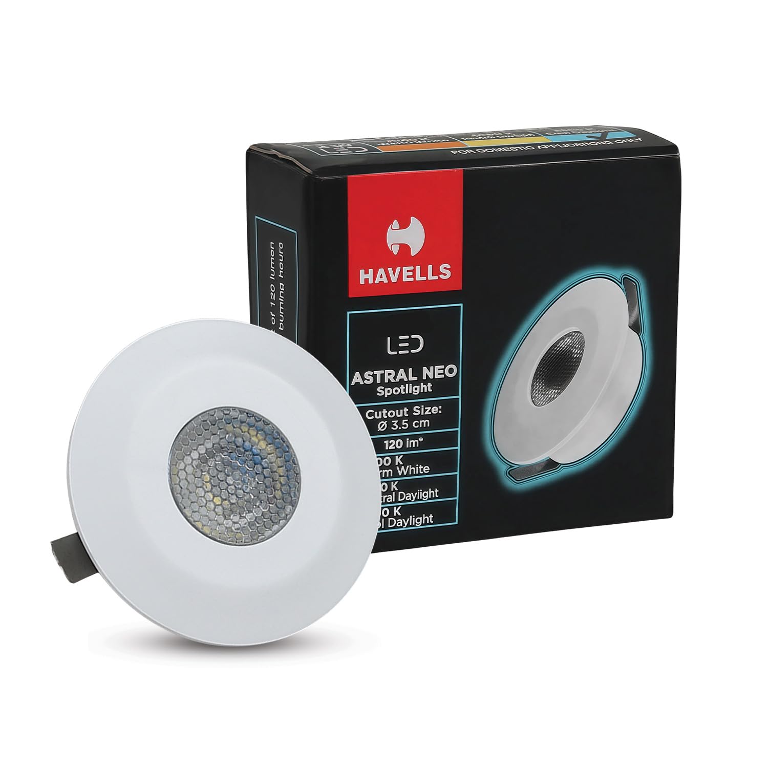 Havells Astral Neo 2W LED Spotlight. Compact Round Design for Small Spaces. Provides A Focused 45° Beam Angle with 6500K Cool Light. White, Flush Mount Ceiling Downlight. 25,000 Hr Lifespan.-image-2