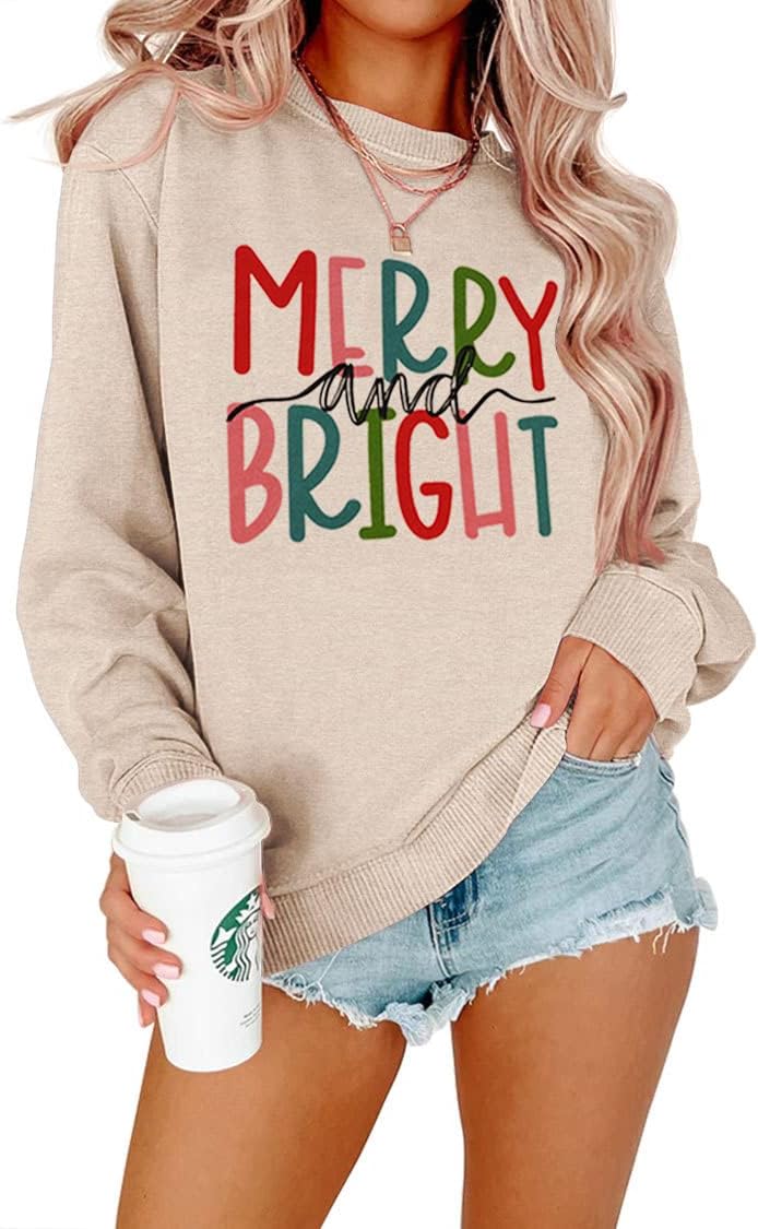 MODNTOGA Women's Merry and Bright Crewneck Sweatshirt Long Sleeve Merry Christmas Sweatshirt Retro Fall Winter Pullover Tops
