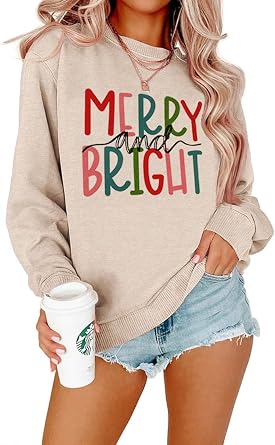 MODNTOGA Womens Merry and Bright Crewneck Sweatshirt Long Sleeve Merry Christmas Sweatshirt Retro Fall Winter Pullover Tops