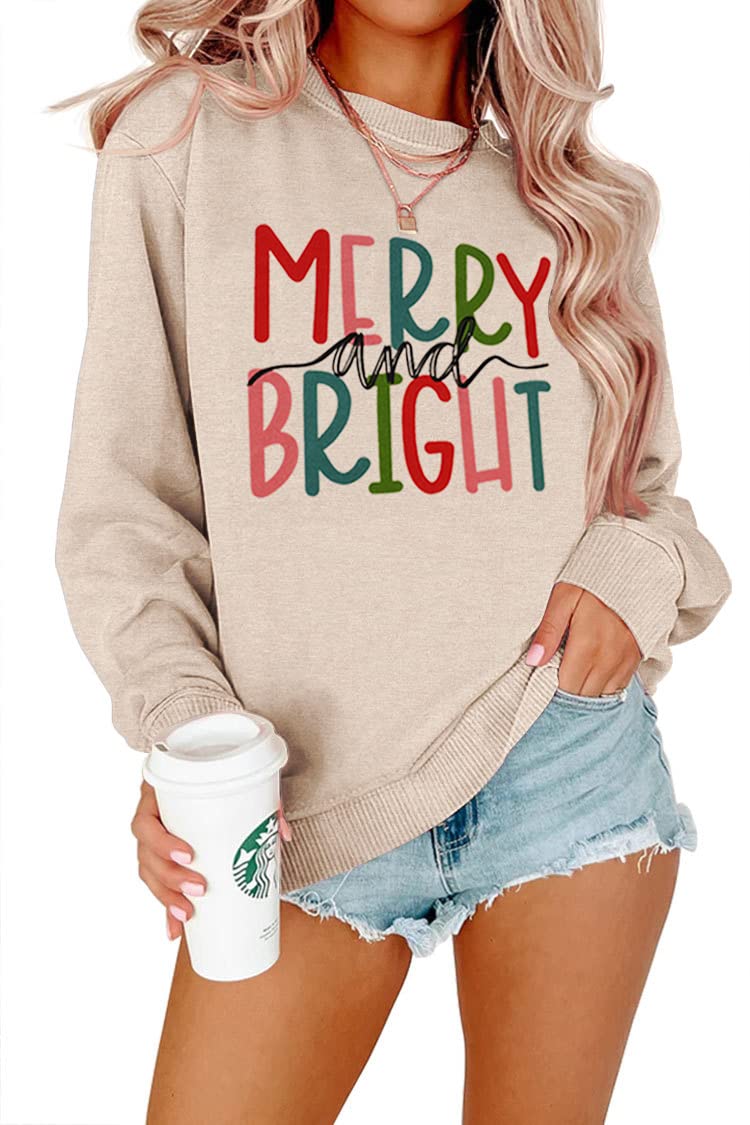 MODNTOGAWomen's Merry and Bright Crewneck Sweatshirt Long Sleeve Merry Christmas Sweatshirt Retro Fall Winter Pullover Tops
