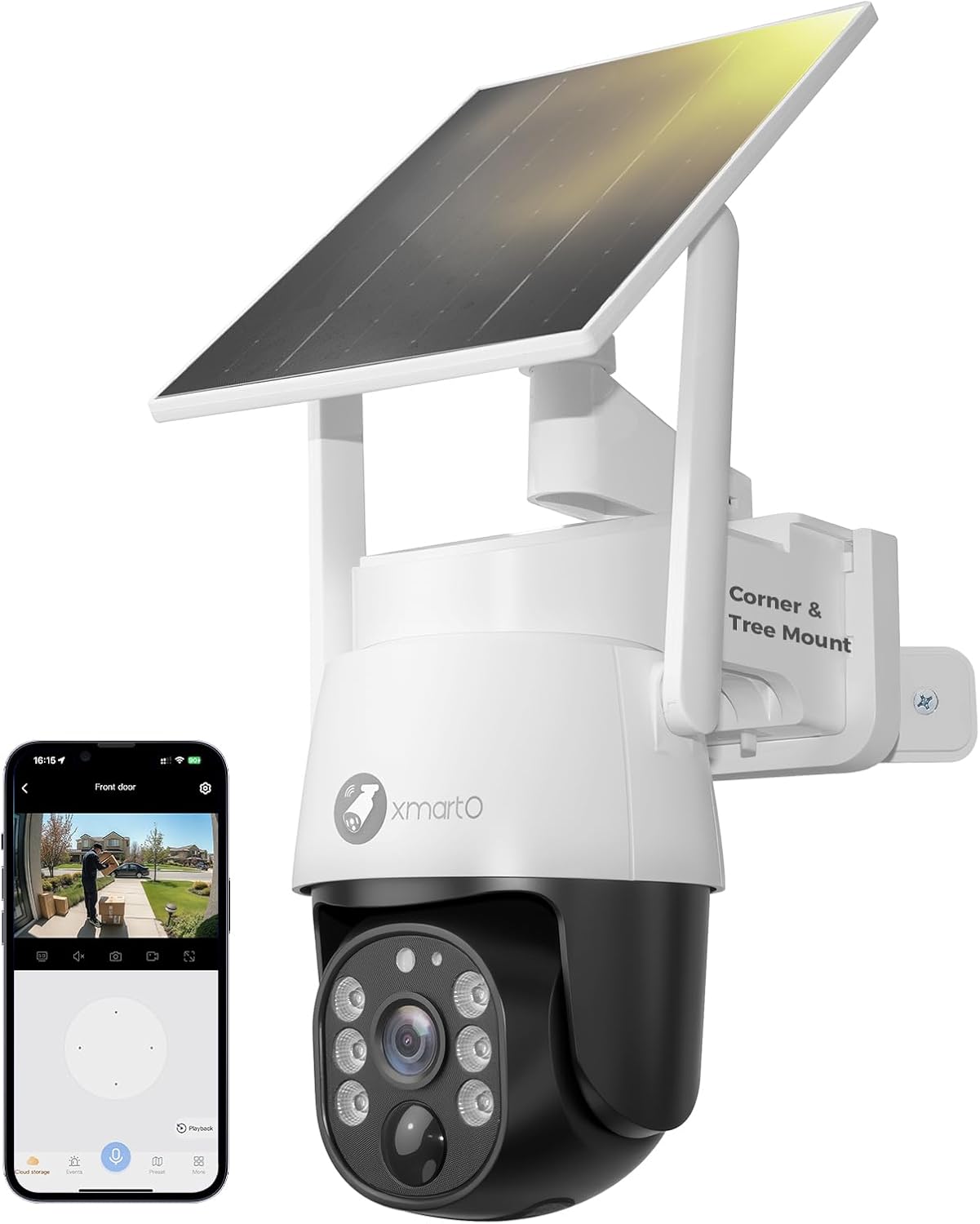 xmartO 4MP QHD Wireless PTZ Solar Security Camera, WiFi 6 5G Dual Band, Wire-Free Easy Installation, No Monthly Fee, Outdoor/Indoor Home Use, Wall/Ceiling/Tree/Pole/Corner Mount