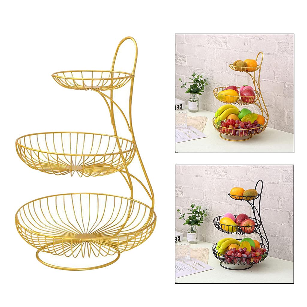 Fenteer Corbeille de Fruits en Métal Fil Paniers de Fruits Légumes Panier de Stockage de Fruits Fruits Panier de Fruits et Légumes de Stockage en Rack - Or 3 Niveau