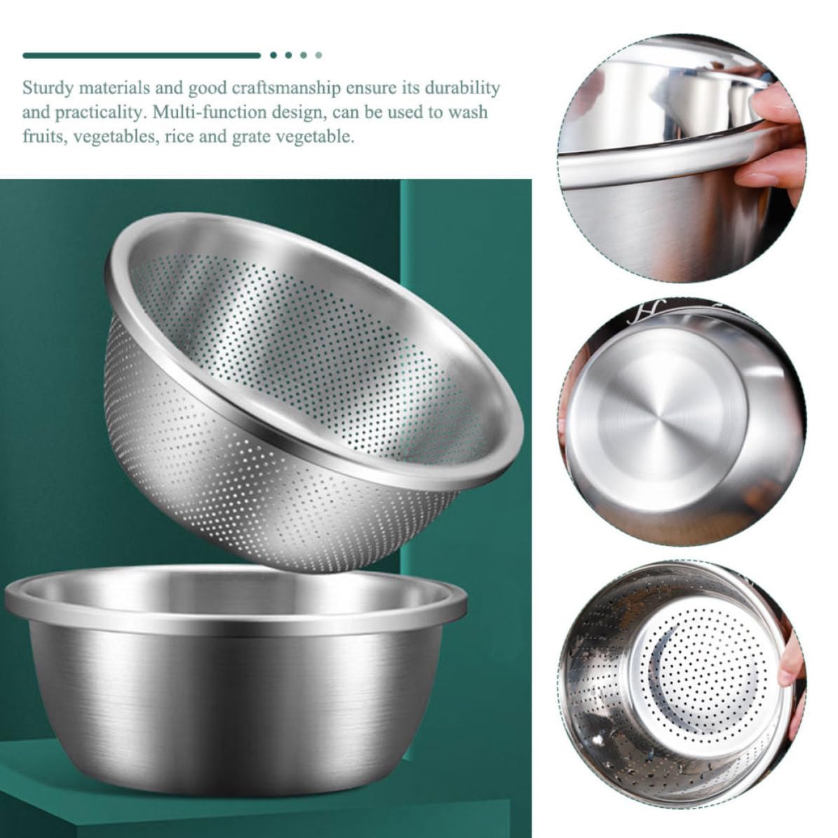 Juego de Colador Multifunción de Acero Inoxidable, 2 Piezas | Plata, para Frutas y Verduras en Cocina, Lavado de Arroz y Rallado Vegetal